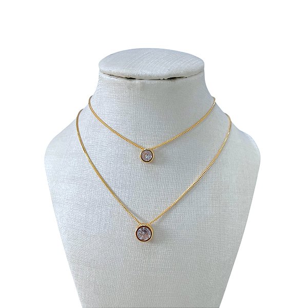 Colar Duplo Folheado Ouro 18k e Prata 925 Redondo Ponto de Luz