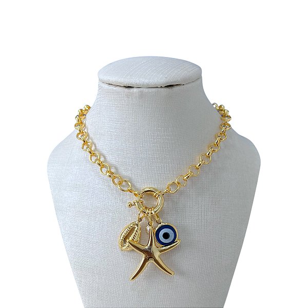 Colar Folheado Ouro 18k Sereismo Olho Grego Estrela