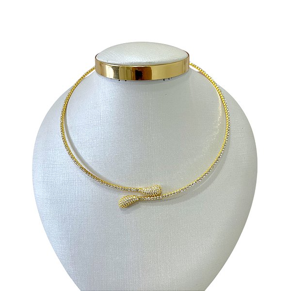 Choker Folheada Ouro 18k e Prata 925 Aro Strass Gota