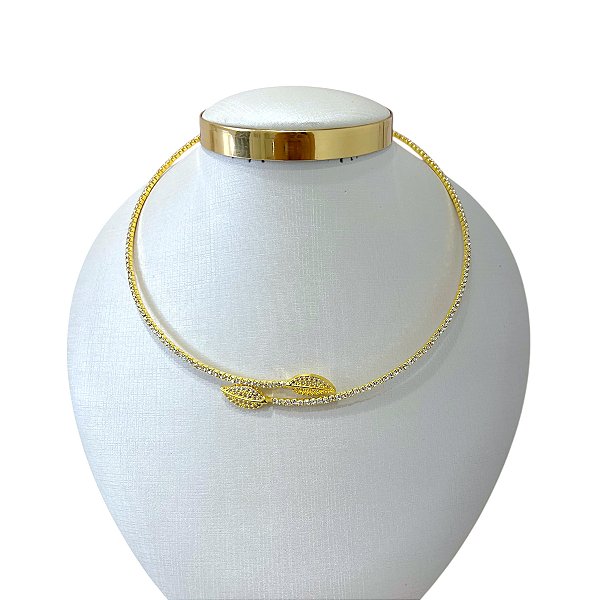 Choker Folheada Ouro 18k e Prata 925 Aro Strass Folha