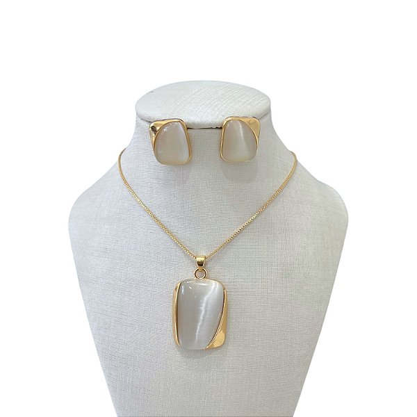 Conjunto Folheado Ouro 18k e Prata 925 Pedraria Quadrado