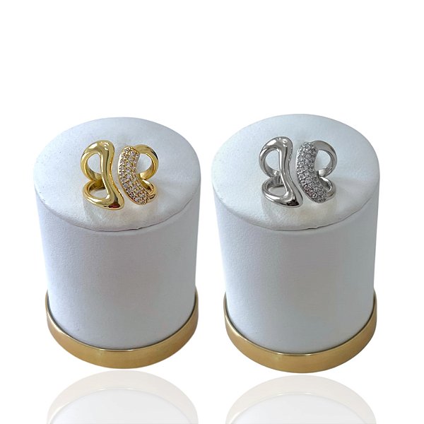 Anel Ajustável Bijuteria Dourado e Prata Orgânico Vazado Cravejado