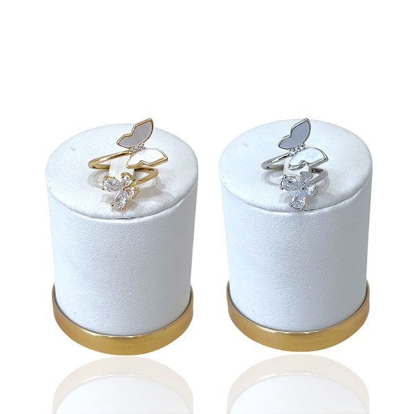 Anel Ajustável Bijuteria Dourado e Prata Borboleta Cravejada