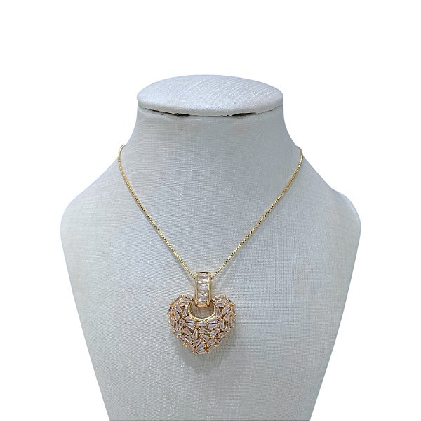 Colar Folheado Ouro 18k e Prata 925 Coração Cravejado