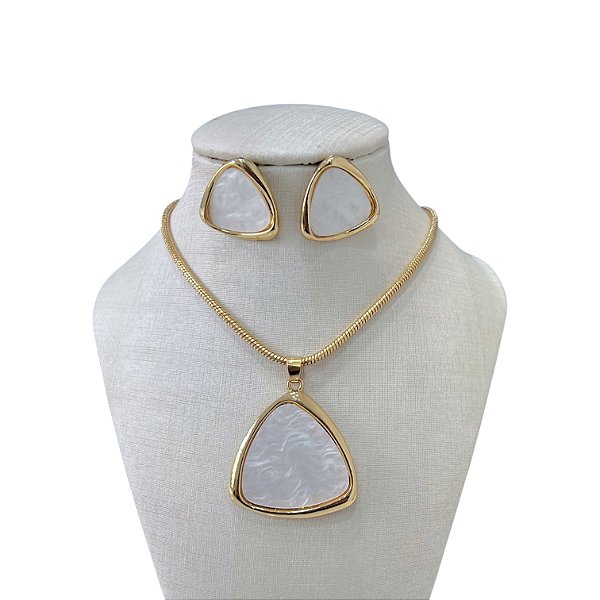 Conjunto Folheado Ouro 18k Malha Madrepérola Triângulo