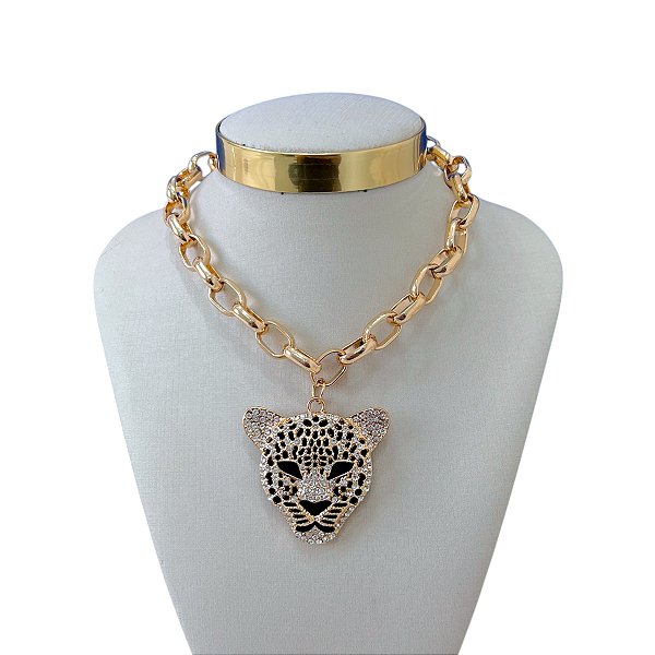 Colar Bijuteria Dourado e Prata Correntaria Elos Tigre Cravejado