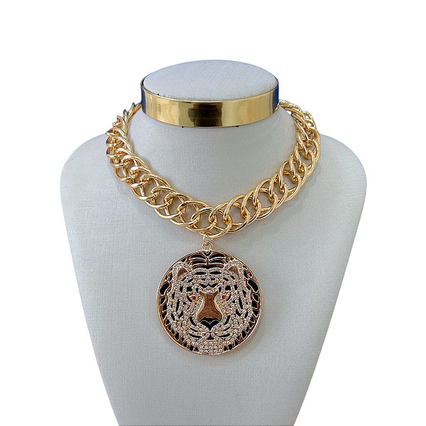 Colar Bijuteria Dourado e Prata Correntaria Elos Trançado Tigre Cravejado
