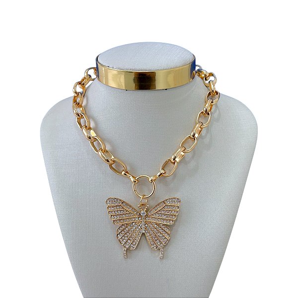 Colar Bijuteria Dourado e Prata Correntaria Elos Borboleta Cravejada