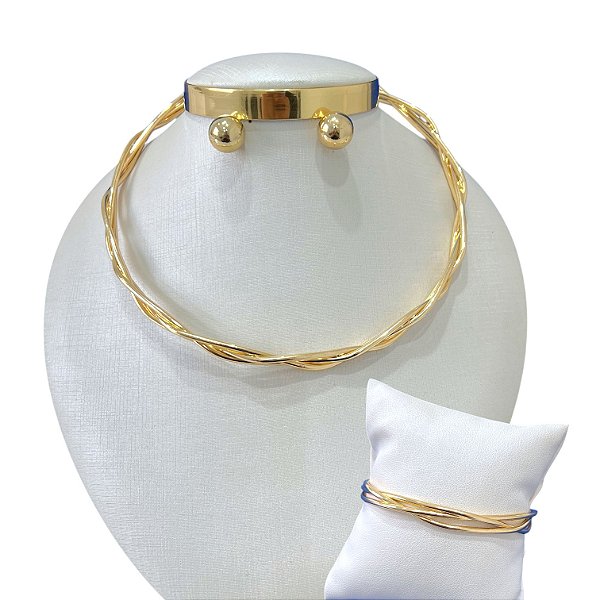 Conjunto aro Bijuteria Dourado e Prata Trançado