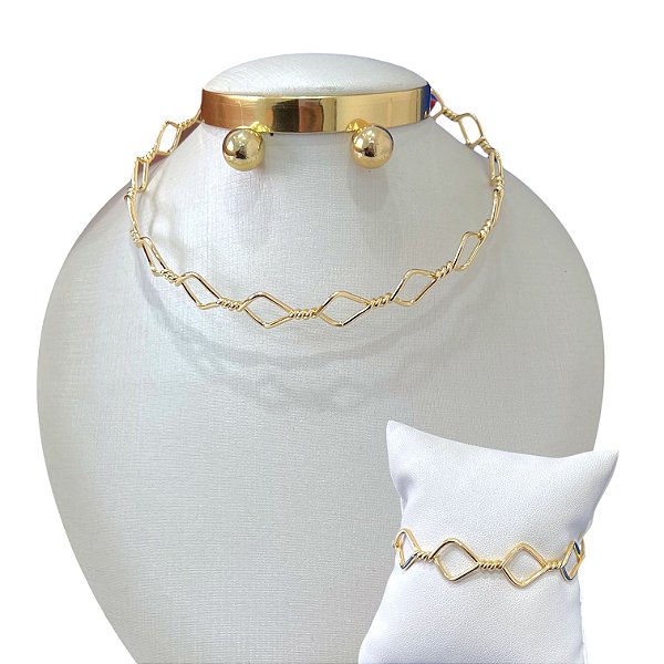 Conjunto aro Bijuteria Dourado e Prata Triângulos