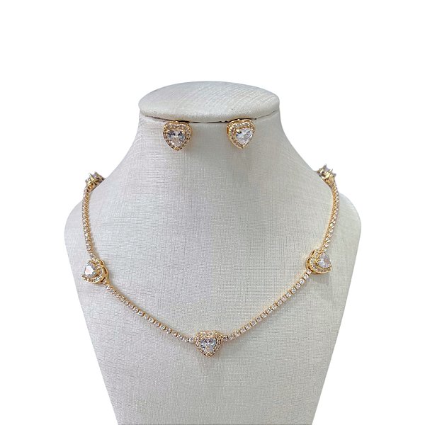 Conjunto Folheado Ouro 18k e Prata 925 Riviera Corações Cravejado