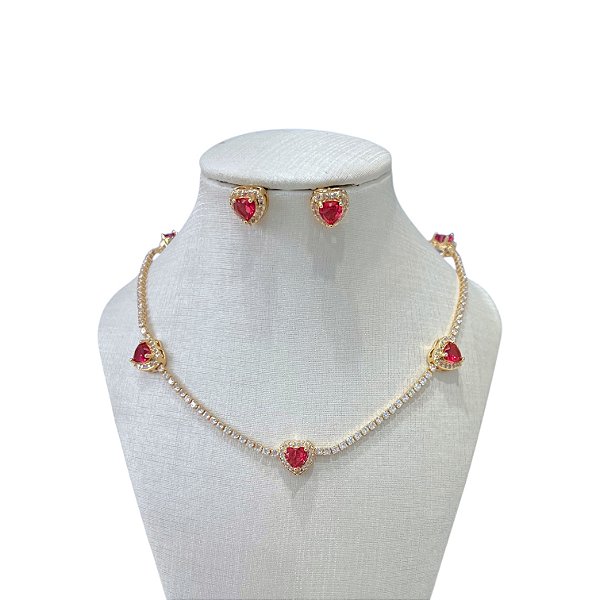 Conjunto Folheado Ouro 18k e Prata 925 Riviera Corações Cravejado