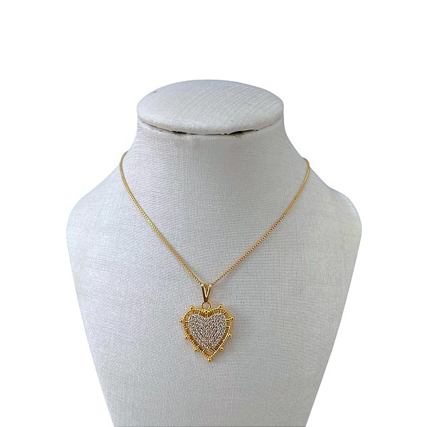 Colar Folheado Ouro 18k Coração Cravejado
