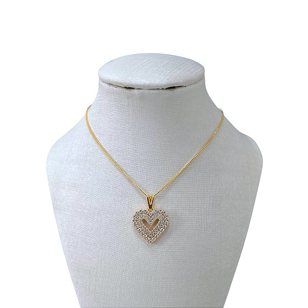 Colar Folheado Ouro 18k Coração Cravejado