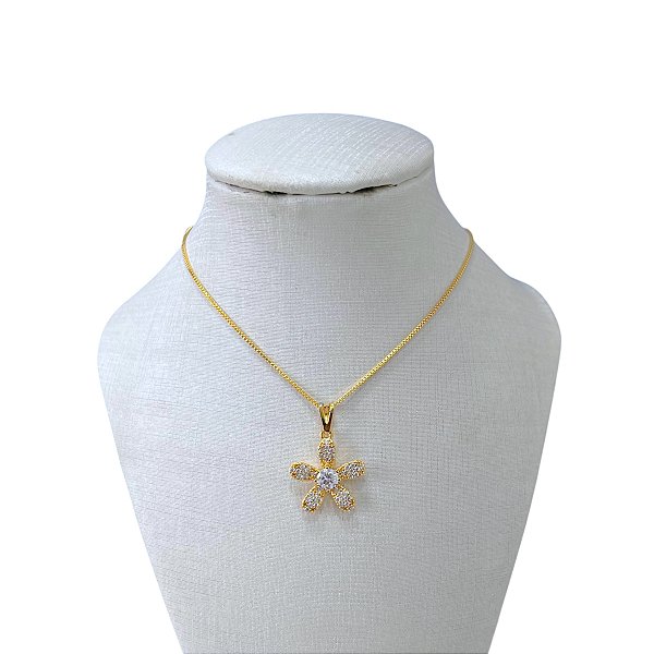 Colar Folheado Ouro 18k Flor Cravejada