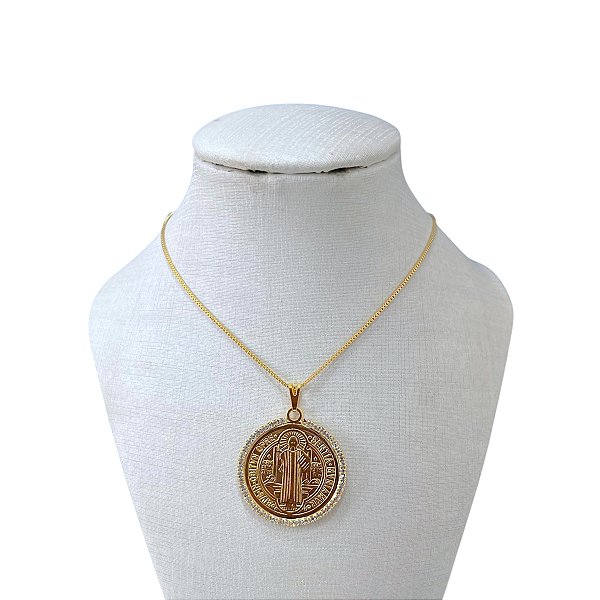 Colar Folheado Ouro 18k São Bento Cravejado