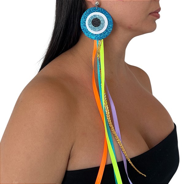 Brinco Carnaval Franja Olho Grego Fitas Lantejoulas Bijuteria