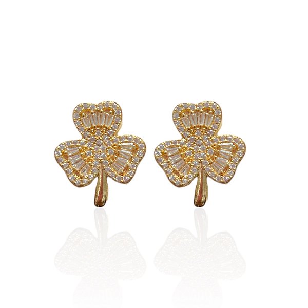Brinco Folheado Ouro 18k e Prata 925 Trevo Cravejado