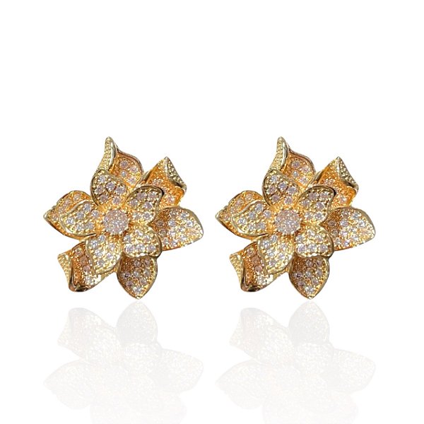 Brinco Folheado Ouro 18k e Prata 925 Flor Cravejada