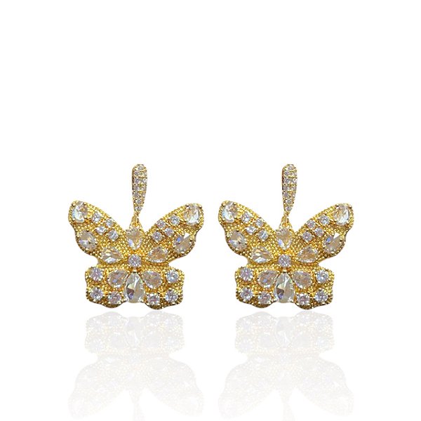 Brinco Folheado Ouro 18k e Prata 925 Borboleta Cravejada