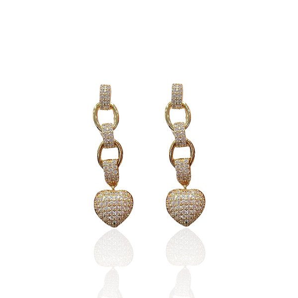 Brinco Folheado Ouro 18k e Prata 925 Elos Coração Cravejado