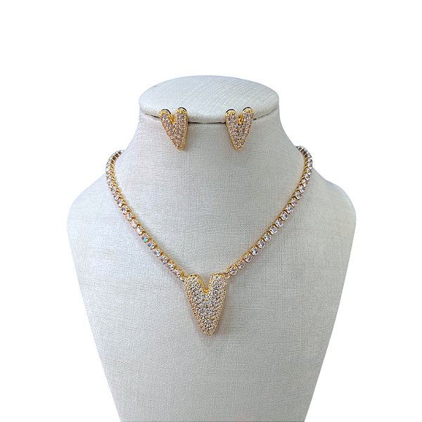 Conjunto Folheado Ouro 18k e Prata 925 Riviera Coração Cravejado Comprido