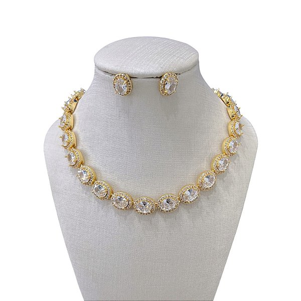 Conjunto Folheado Ouro 18k e Prata 925 Inspired Oval Cravejado