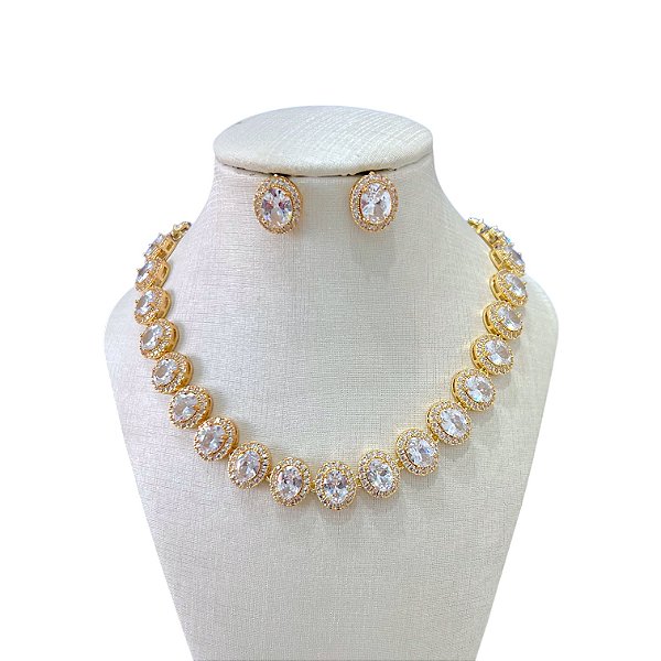 Conjunto Folheado Ouro 18k e Prata 925 Inspired Oval Cravejado