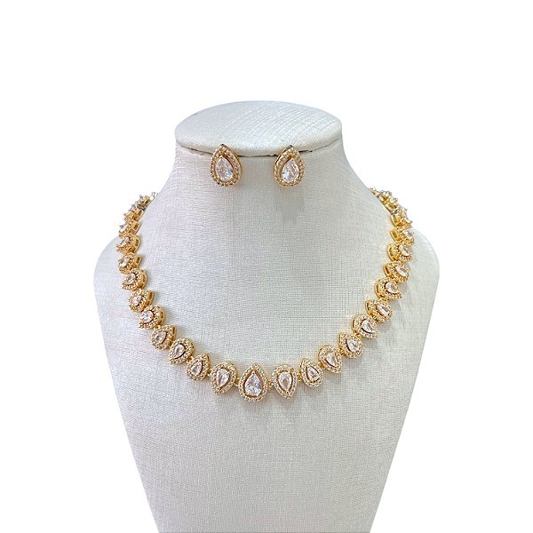 Conjunto Folheado Ouro 18k e Prata 925 Inspired Mimi Gotas Cravejada