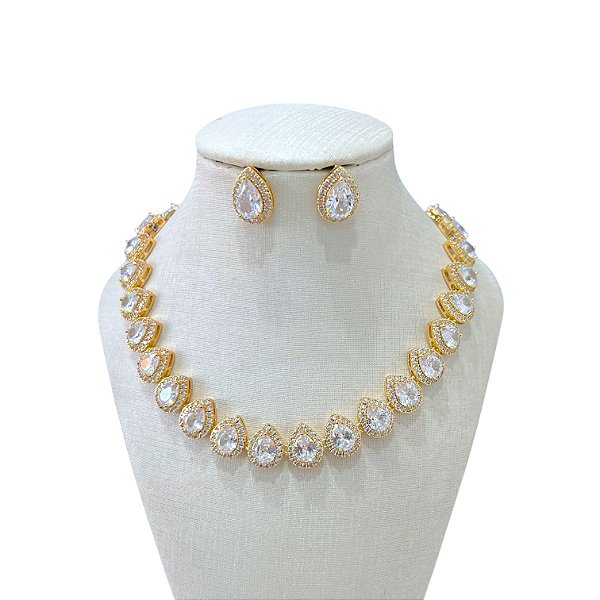 Conjunto Folheado Ouro 18k e Prata 925 Inspired Gotas Cravejada