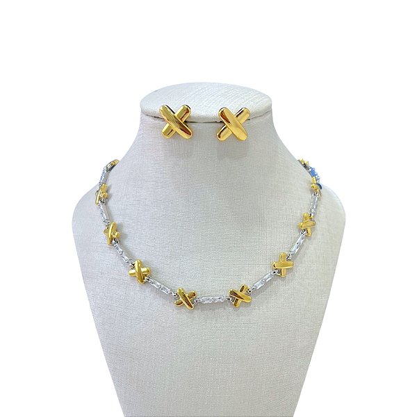 Conjunto Folheado Ouro 18k e Prata 925 Inspired X Cravejado