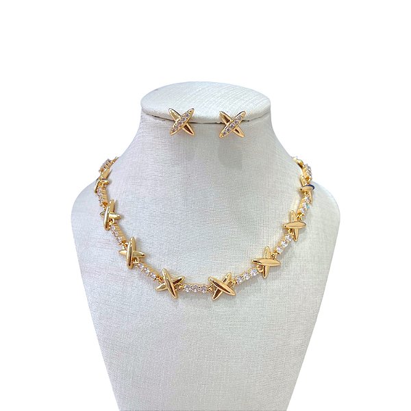 Conjunto Folheado Ouro 18k e Prata 925 Inspired X Cravejado