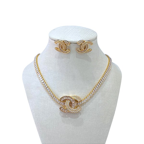 Conjunto Folheado Ouro 18k e Prata 925 Riviera X Cravejado