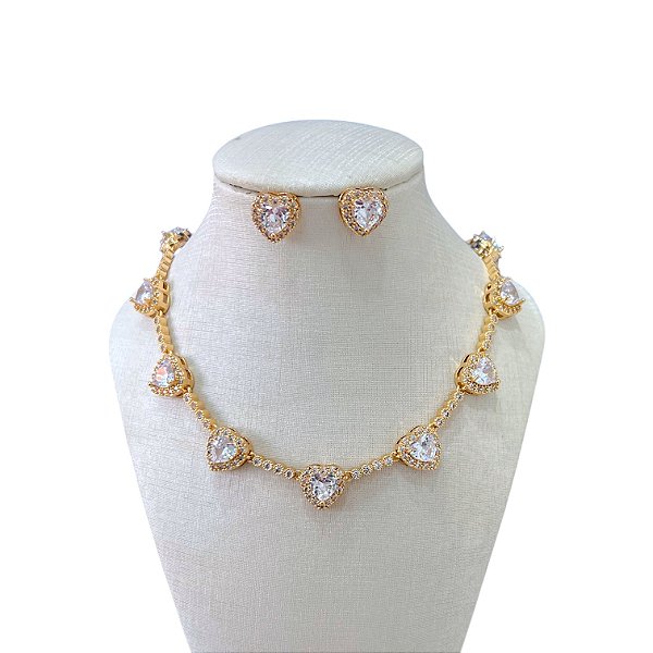 Conjunto Folheado Ouro 18k e Prata 925 Inspired Coração Cravejado