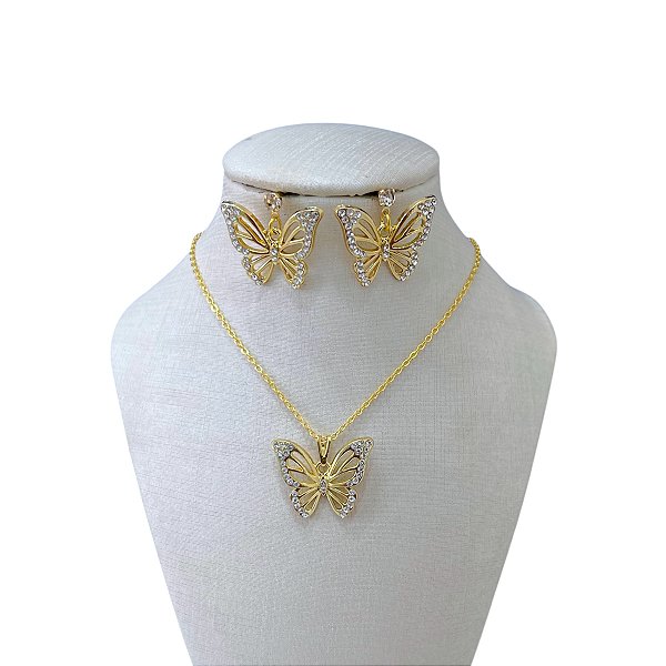 Conjunto Folheado Ouro 18k Borboleta Strass