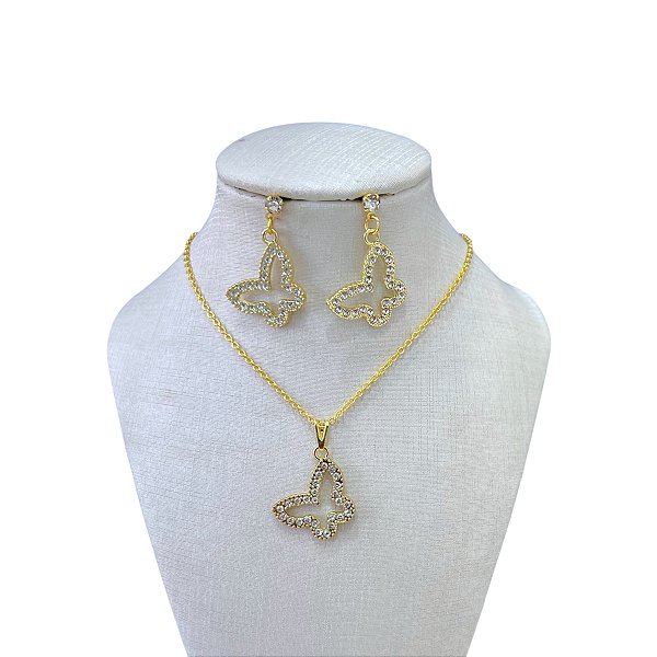 Conjunto Folheado Ouro 18k Borboleta Vazada Strass