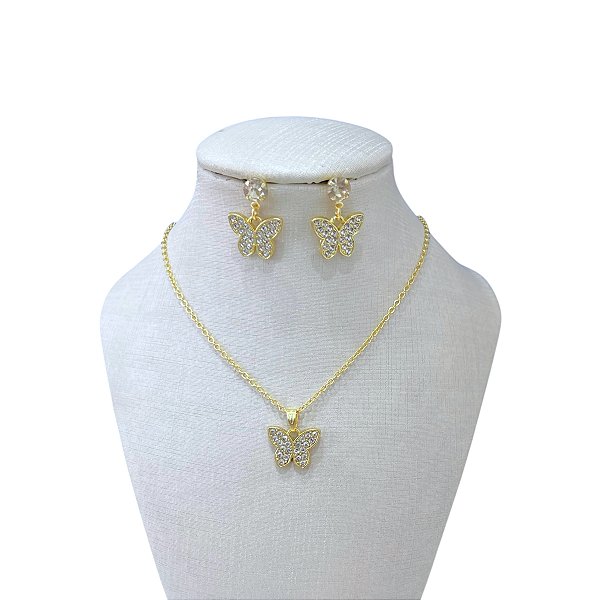 Conjunto Folheado Ouro Borboleta Strass