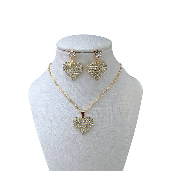 Conjunto Folheado Ouro 18k Coração Strass