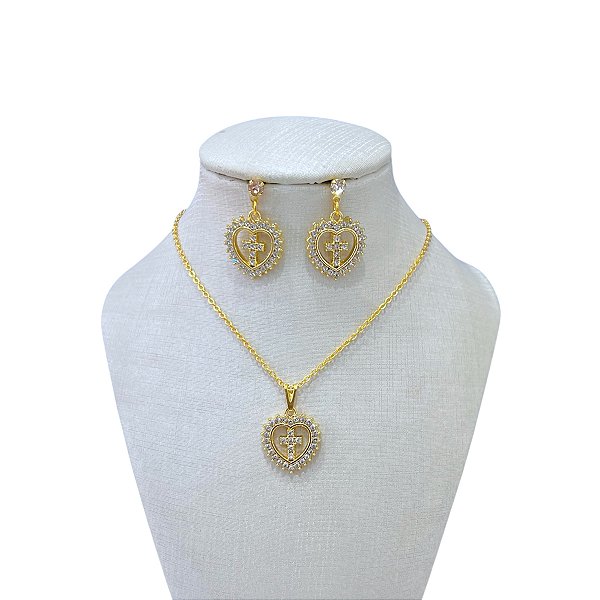 Conjunto Folheado Ouro 18k Coração Cruz Strass
