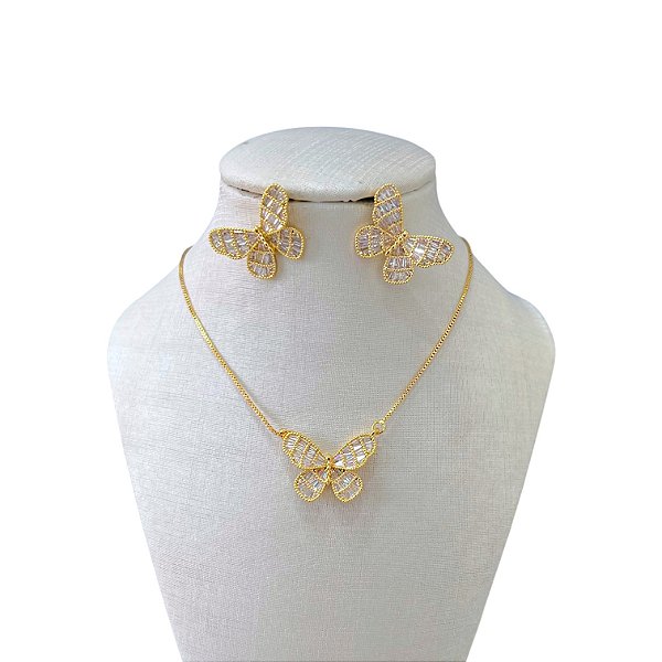 Conjunto Folheado Ouro 18k e Prata 925 Borboleta Cravejada
