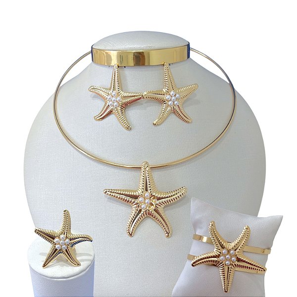 Conjunto Aro Bijuteria Dourado e Prata Sereismo Estrela Pérolas