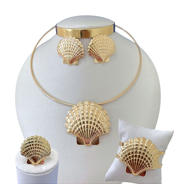 Conjunto Aro Bijuteria Dourado e Prata Sereismo Concha