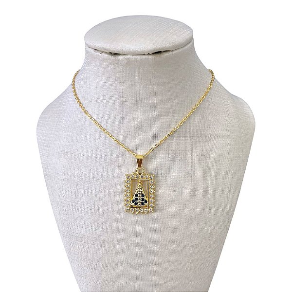 Colar Folheado Ouro 18k e Prata 925 Nossa Senhora Strass