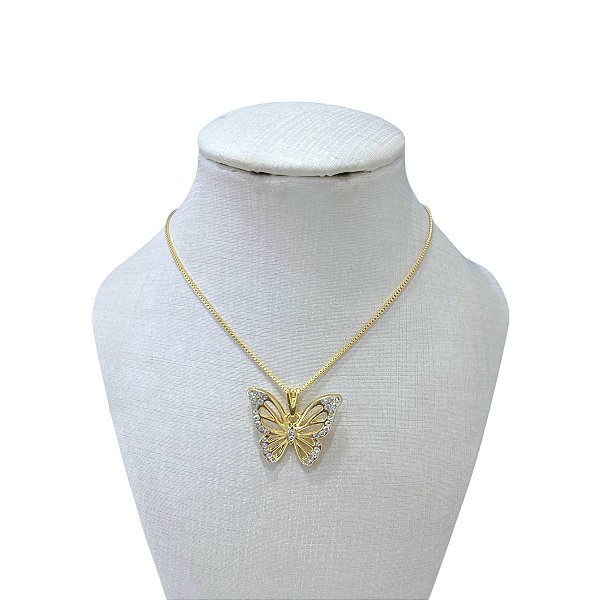 Colar Folheado Ouro 18k Borboleta Strass