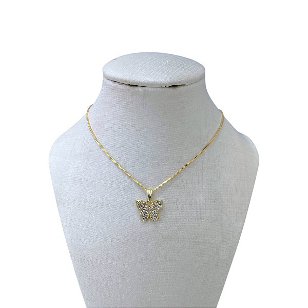 Colar Folheado Ouro 18k Borboleta Strass