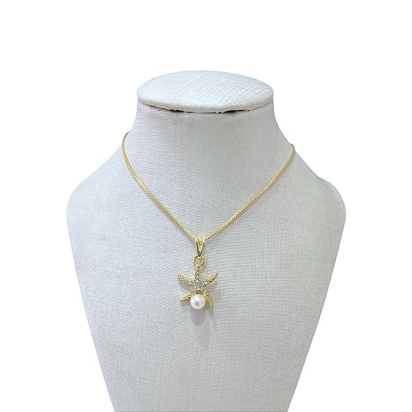 Colar Folheado Ouro 18k Estrela Pérola Strass