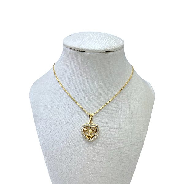 Colar Folheado Ouro 18k Coração Espírito Santo Strass