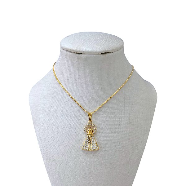 Colar Folheado Ouro 18k Nossa Senhora Cravejada