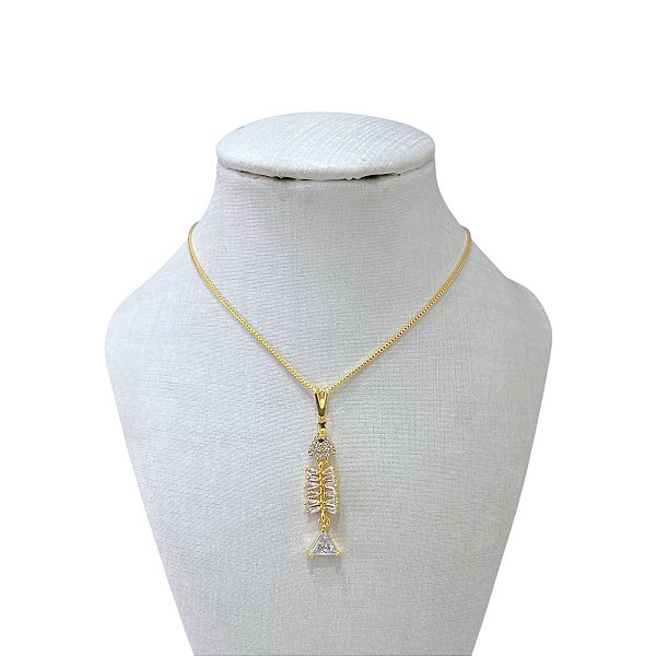 Colar Folheado Ouro 18k Peixe Cravejado
