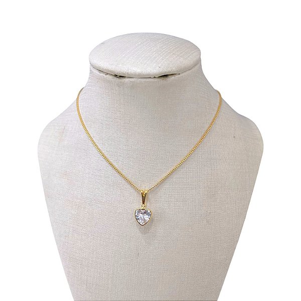 Colar Folheado Ouro 18k e Prata 925 Ponto de Luz Coração Achatado